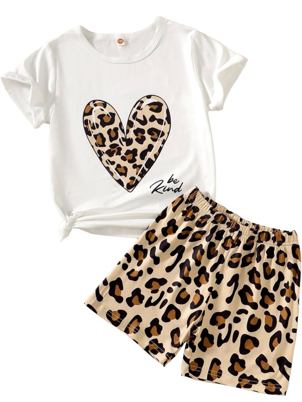 Leopard Heart Graphic Tee & Shorts Set - White & Tan NWT SIZE 5-6Y